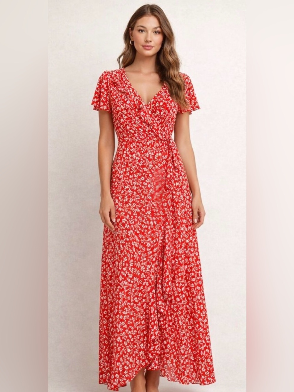 a new day Red Floral Midi Wrap Dress